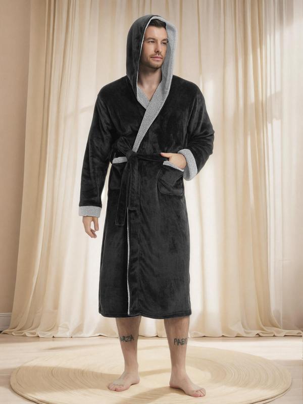 Couple's Solid Belted Drop Shoulder Fuzzy Flannel Robe, Casual Long Sleeve Pocket Design Bathrobe, Men's & Women's Sleepwear for Winter