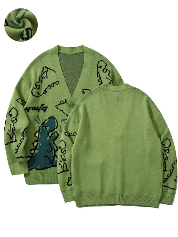 Unisex's Loose Cartoon Dinosaur Print Button Front Drop Shoulder Cardigan, Summer Clothes Casual Pocket V Neck Long Sleeve Knitwear for Summer, Fashion Unisex's Knit Clothing for Daily Wear