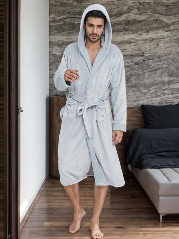 Couple's Solid Belted Drop Shoulder Fuzzy Flannel Robe, Casual Long Sleeve Pocket Design Bathrobe, Men's & Women's Sleepwear for Winter