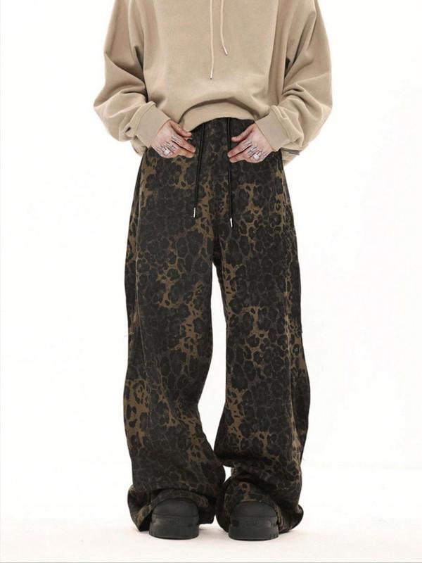 Men's Leopard Print Straight Leg Pants, Loose Casual Comfy Tie Front Trousers for Fall & Winter, Men's Bottoms for Daily Wear