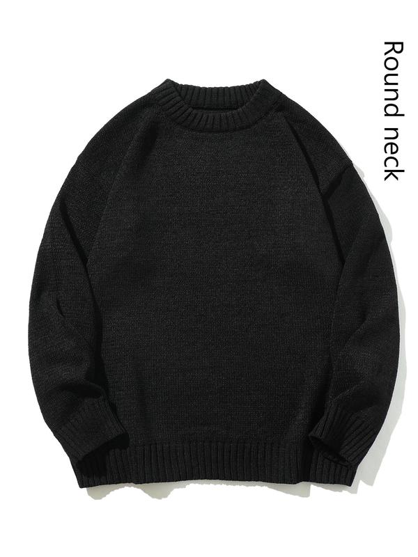 Men's Solid Drop Shoulder Knit Sweater, Loose Casual Long Sleeve Round Neck Jumper for Fall & Winter, Fashion Men's Knitwear for Daily Wear