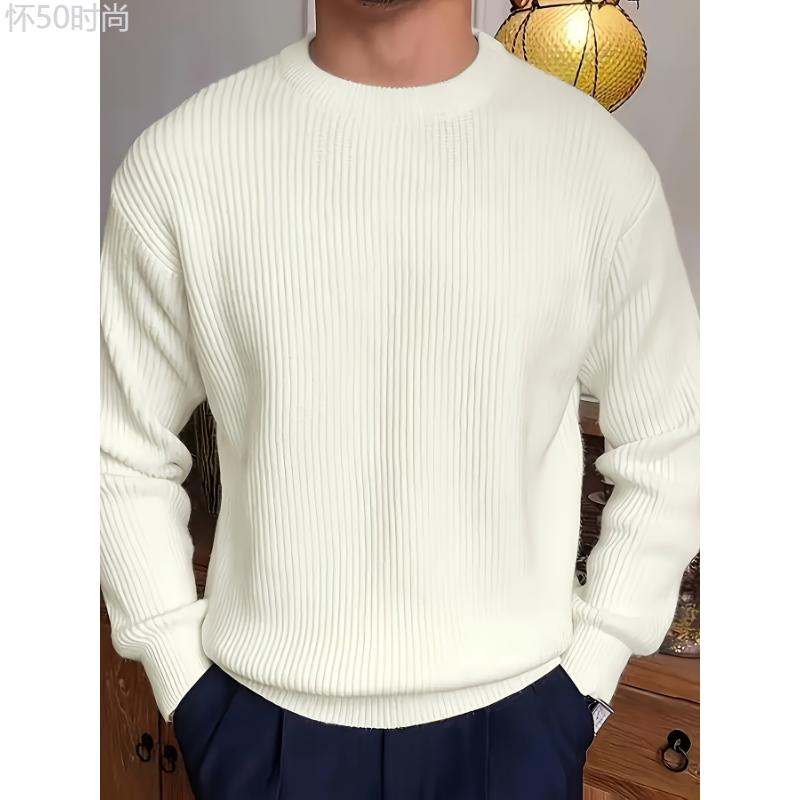 Cozy Solid Color Crew Neck Sweater for Men - Long Sleeve Pullover Tops for Spring and Fall - Soft, Breathable, and Versatile Casual Wear Cotton Fabric