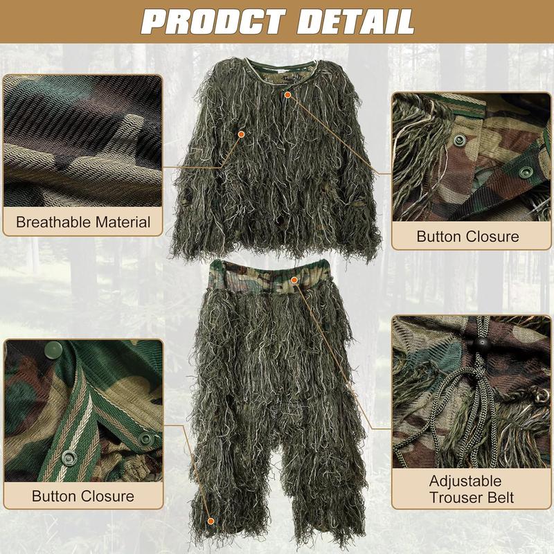 5 in 1 Ghillie Suit, 3D Camouflage  Apparel w Jacket, Pants, Hood, Carry Bag for Adults Youth, S M L XL XXL