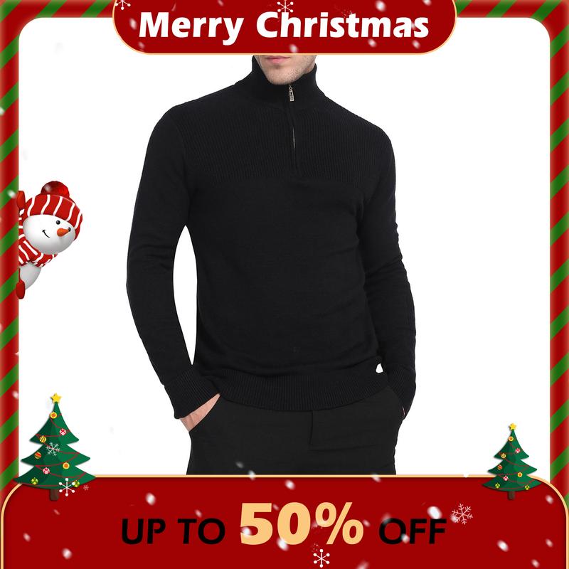 Men's Quarter Zip Pullover Sweater, Casual Turtleneck Knit Long Sleeve, Fall Winter Clothes