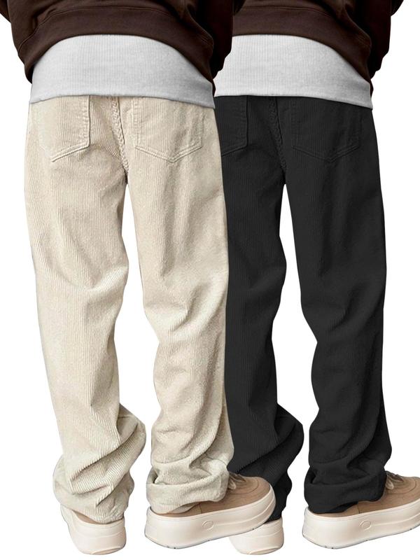 Men's Solid Drawstring Waist Wide Leg Pants, Casual Comfy Corduroy Elastic Waist Pocket  Trousers for Daily Wear, Men's Bottoms for All Seasons