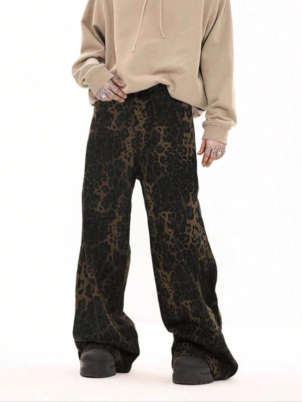 Men's Leopard Print Straight Leg Pants, Loose Casual Comfy Tie Front Trousers for Fall & Winter, Men's Bottoms for Daily Wear