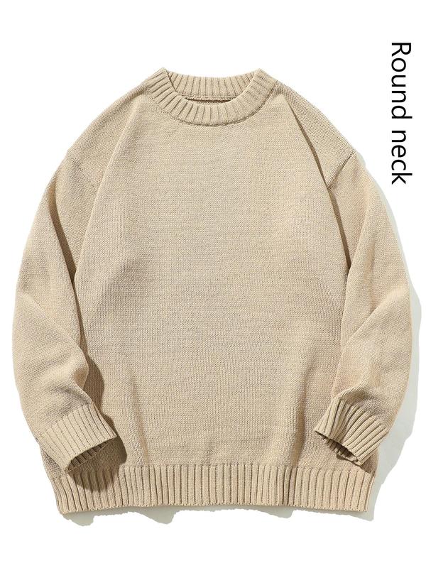 Men's Solid Drop Shoulder Knit Sweater, Loose Casual Long Sleeve Round Neck Jumper for Fall & Winter, Fashion Men's Knitwear for Daily Wear