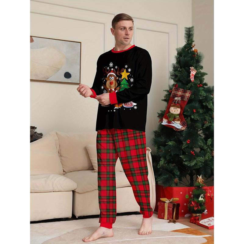 Men's Fashion Casual Christmas Pajamas Suit, Luhan Christmas Tree Antlers Pattern Printing Long Sleeve round Neck Top and Loose Pants Casual Suit