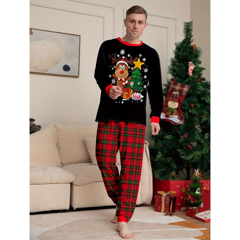 Men's Fashion Casual Christmas Pajamas Suit, Luhan Christmas Tree Antlers Pattern Printing Long Sleeve round Neck Top and Loose Pants Casual Suit