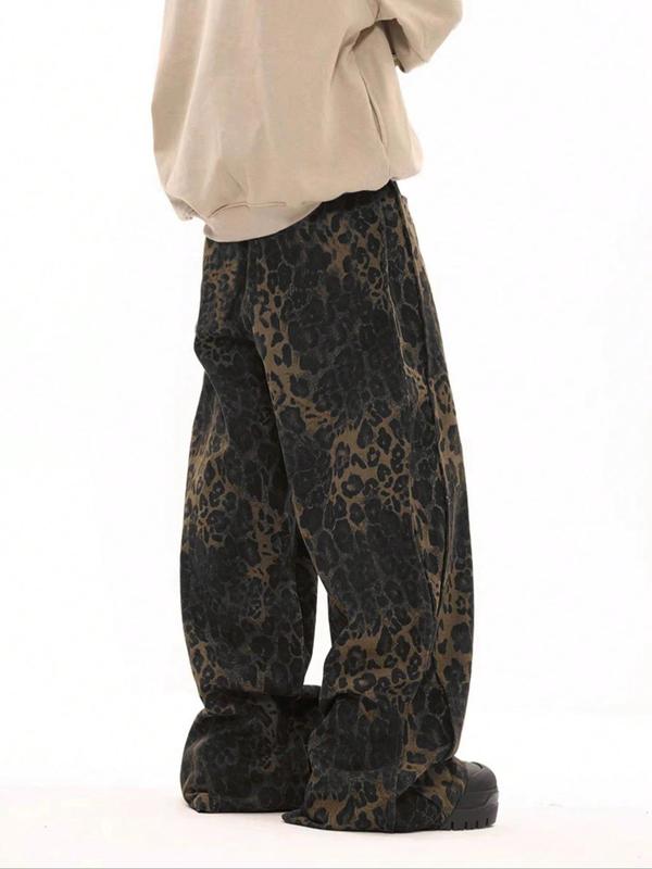 Men's Leopard Print Straight Leg Pants, Loose Casual Comfy Tie Front Trousers for Fall & Winter, Men's Bottoms for Daily Wear