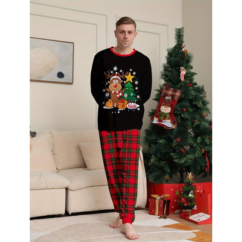 Men's Fashion Casual Christmas Pajamas Suit, Luhan Christmas Tree Antlers Pattern Printing Long Sleeve round Neck Top and Loose Pants Casual Suit