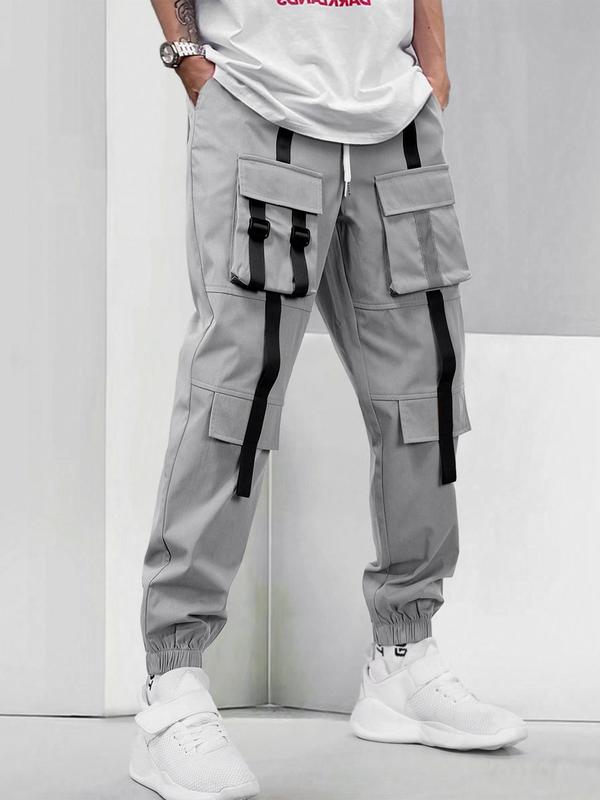 Men's Thin Plain Flap Pocket Tape Buckle Drawstring Waist Black Cargo Pants, Loose Stylish Casual Trousers, Pants for Men, Streetwear Bottoms for Summer Spring Fall, Going Out Outfits, Men's Clothing