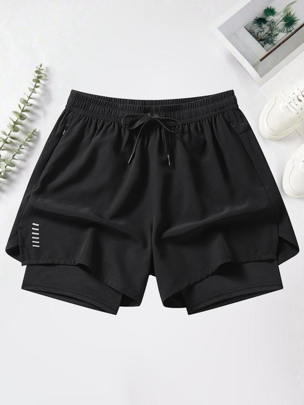 Men's Solid Drawstring Waist 2 in 1 Athletic Shorts, Casual Streetwear Zip Pocket Shorts, Back to School Outfits, Summer Outfits 2024, Back to School Outfits, Men's Bottoms for Daily Wear