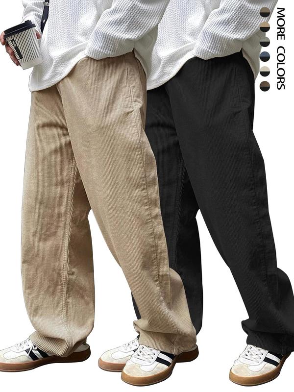 Men's Solid Drawstring Waist Wide Leg Pants, Casual Comfy Corduroy Elastic Waist Pocket  Trousers for Daily Wear, Men's Bottoms for All Seasons