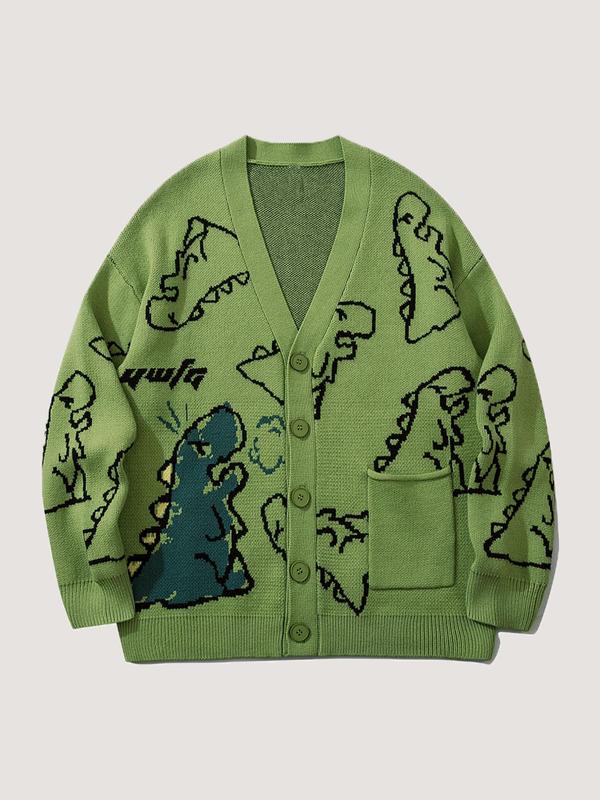 Unisex's Loose Cartoon Dinosaur Print Button Front Drop Shoulder Cardigan, Summer Clothes Casual Pocket V Neck Long Sleeve Knitwear for Summer, Fashion Unisex's Knit Clothing for Daily Wear