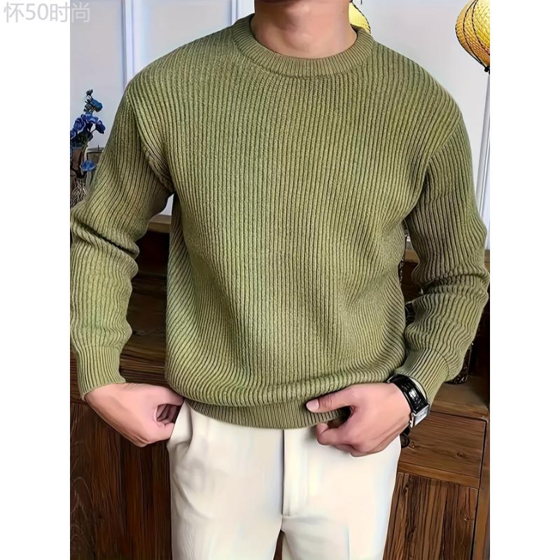 Cozy Solid Color Crew Neck Sweater for Men - Long Sleeve Pullover Tops for Spring and Fall - Soft, Breathable, and Versatile Casual Wear Cotton Fabric