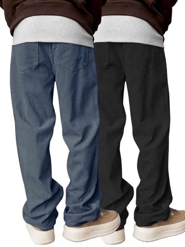 Men's Solid Drawstring Waist Wide Leg Pants, Casual Comfy Corduroy Elastic Waist Pocket  Trousers for Daily Wear, Men's Bottoms for All Seasons