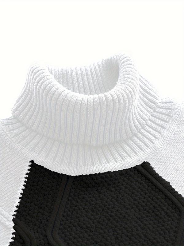 Men's Colorblock High Neck Jumper, Regular Fit Casual Long Sleeve   Knit Pullover for Fall & Winter, Men's Knitwear for Daily Wear