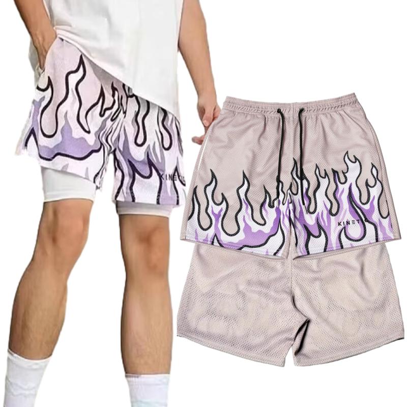 Men's Stylish Loose Fire Pattern Short, Casual Breathable Comfy Drawstring Short Workout Cool Shorts Gym Basketball Running Short Pants