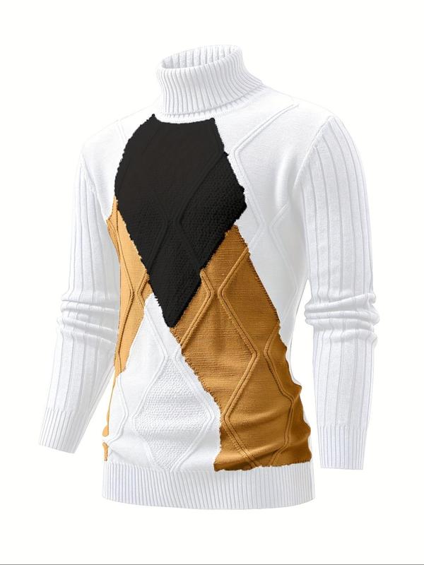 Men's Colorblock High Neck Jumper, Regular Fit Casual Long Sleeve   Knit Pullover for Fall & Winter, Men's Knitwear for Daily Wear