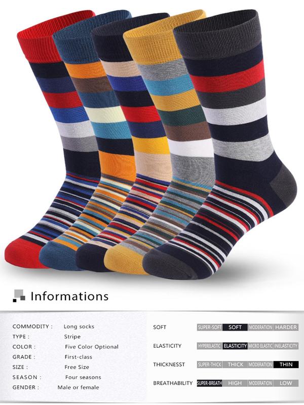 Men's Striped Print Crew Socks, Casual Comfy Breathable Mid-calf Socks for Daily Wear, Men's Socks for All Seasons