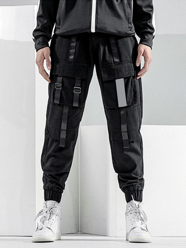 Men's Thin Plain Flap Pocket Tape Buckle Drawstring Waist Black Cargo Pants, Loose Stylish Casual Trousers, Pants for Men, Streetwear Bottoms for Summer Spring Fall, Going Out Outfits, Men's Clothing