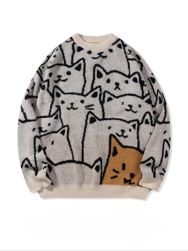 Unisex Men's All Over Cat Print Drop Shoulder Sweater, Cute Casual Long Sleeve Round Neck Jumper for Spring & Fall, Fashion Men's Knitwear Tops for Daily Wear, Longsleeves Graphic Hoodie Menswear Pullover