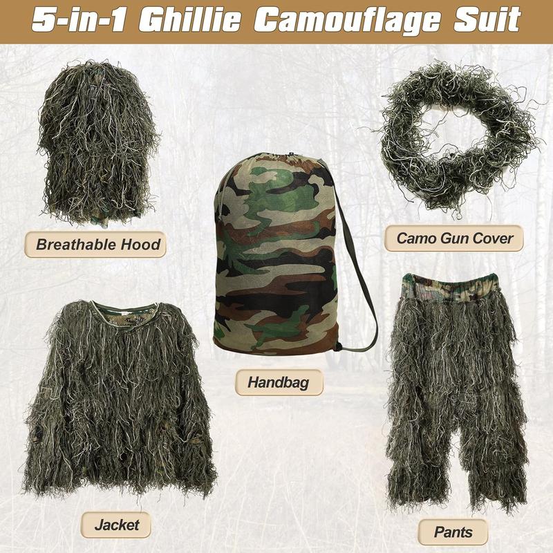 5 in 1 Ghillie Suit, 3D Camouflage  Apparel w Jacket, Pants, Hood, Carry Bag for Adults Youth, S M L XL XXL