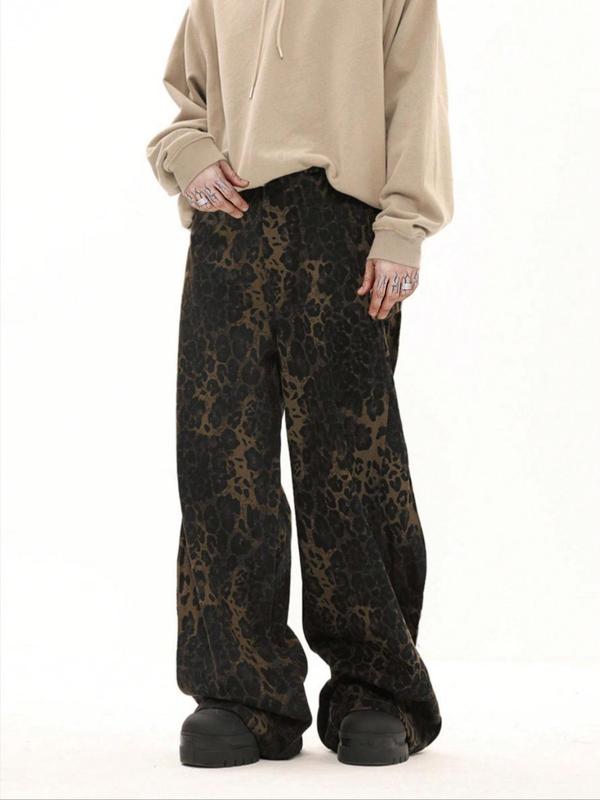 Men's Leopard Print Straight Leg Pants, Loose Casual Comfy Tie Front Trousers for Fall & Winter, Men's Bottoms for Daily Wear