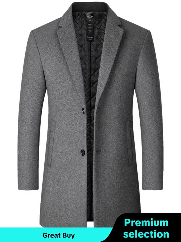 Men's Solid Button Front Lapel Neck Coat, Regular Fit Jackets, Casual Long Sleeve Pocket Outerwear for Fall & Winter, Men's Clothes for Daily Wear