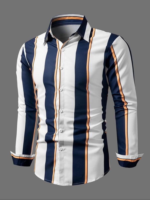 Men's Regular Fit Striped Print Button Front Shirt, Long Sleeve Collared Top for All Seasons, Men's Clothes for Work Office Business