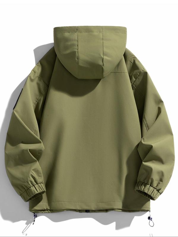 Men's Solid Patched Drawstring Button Front Hooded Jacket, Loose Casual Windproof Long Sleeve Zip Up Outerwear for Outdoor Activities, Men's Sportswear for Fall & Winter