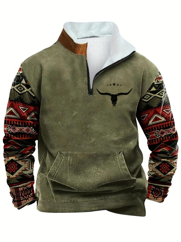 Men's Ethnic Pattern Zip Up Fleece Hoodie, Casual Regular Fit Long Sleeve Drop Shoulder Sweatshirt for Fall & Winter, Men's Top for Daily Wear