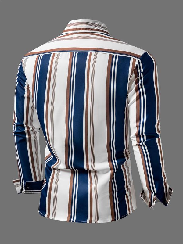 Men's Regular Fit Striped Print Button Front Shirt, Long Sleeve Collared Top for All Seasons, Men's Clothes for Work Office Business