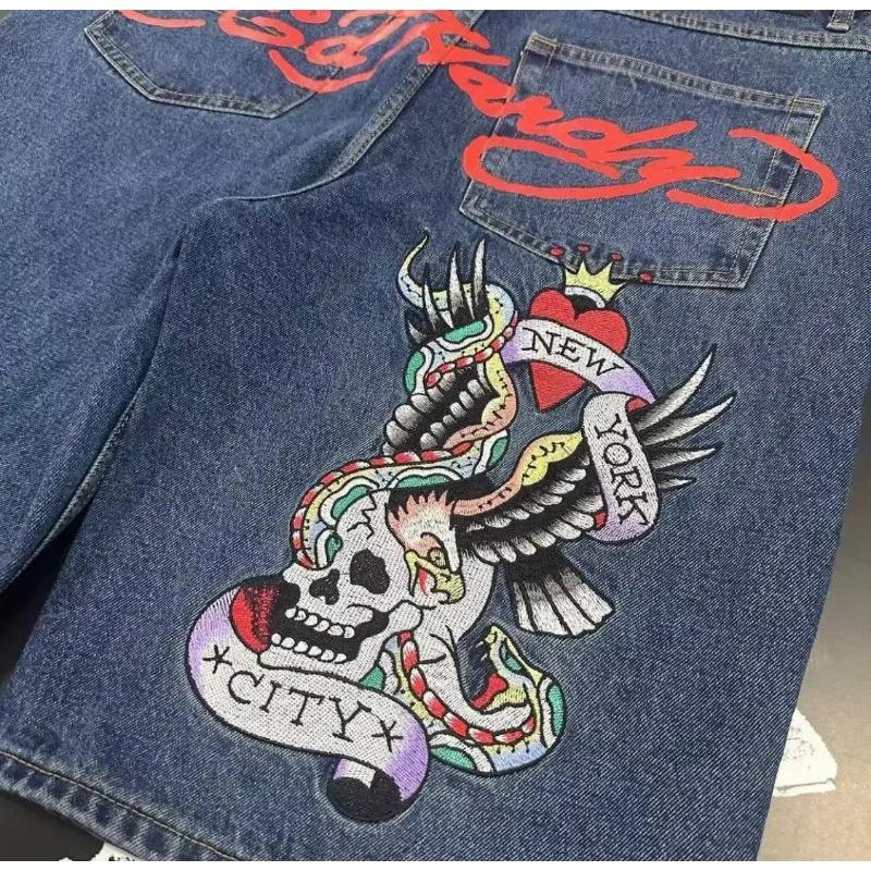 American retro summer denim shorts summer Y2K personalized letter printed shorts hip-hop goth high street loose casual shorts-DJL SHOP