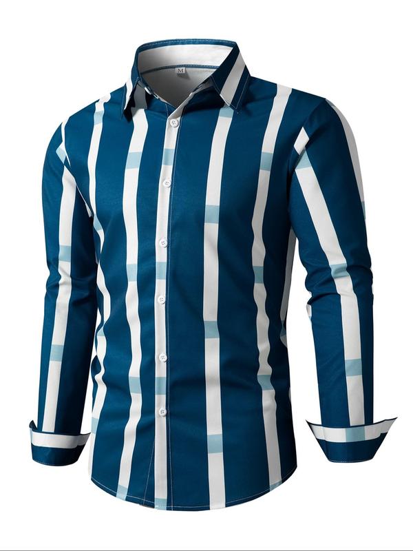 Men's Regular Fit Striped Print Button Front Shirt, Long Sleeve Collared Top for All Seasons, Men's Clothes for Work Office Business