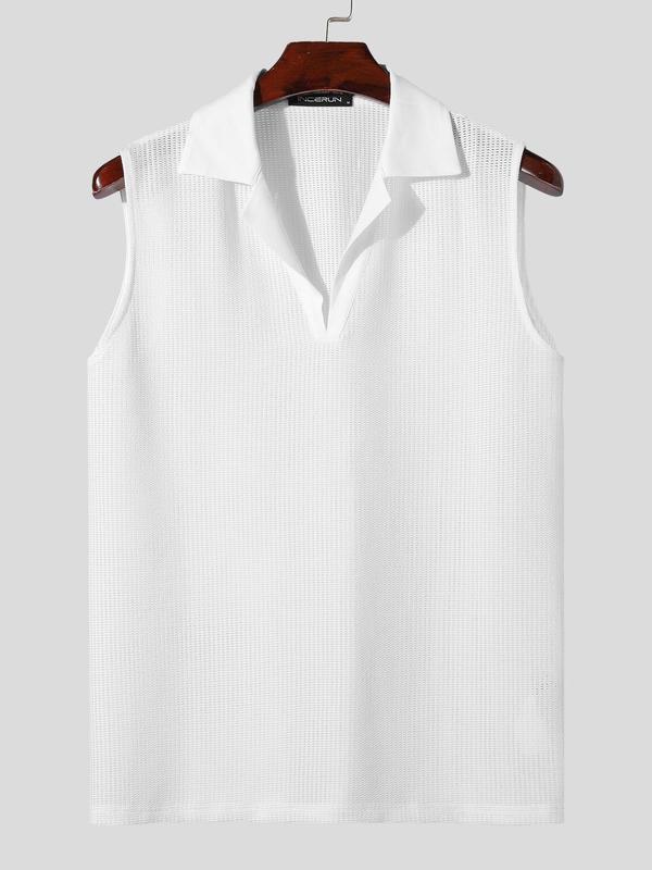 Men's Solid Hollow Out Mesh Tank Top, Regular Fit Casual Collared Sleeveless Top, Men's Summer Clothes for Daily Wear