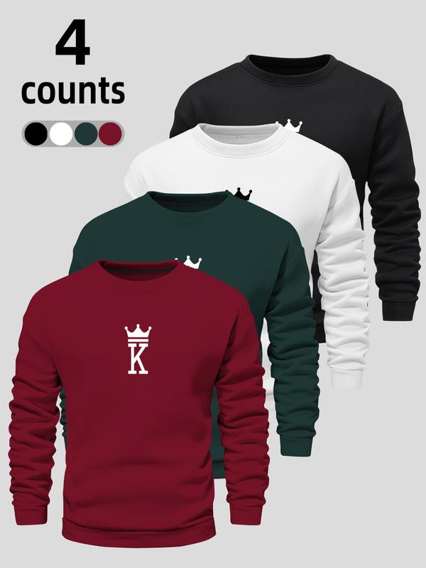 Men's Letter & Crown Print Round Neck Sweatshirt, Loose Casual Fashion Long Sleeve Pullover for Fall & Winter, Men's Clothes for Daily Wear