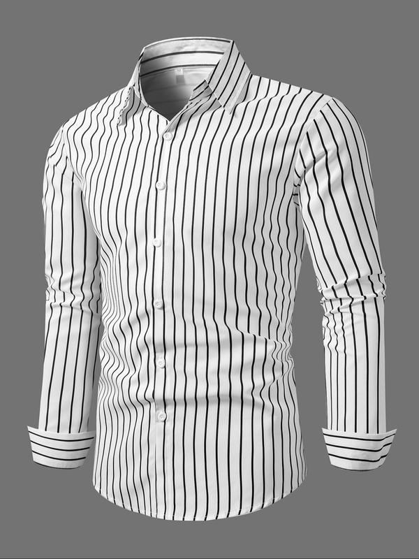 Men's Regular Fit Striped Print Button Front Shirt, Long Sleeve Collared Top for All Seasons, Men's Clothes for Work Office Business