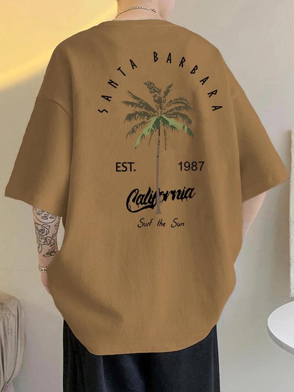 Men's Summer Clothes, Letter & Tree Print Drop Shoulder Tee, Summer Outfits 2024, Summer Tops, Back To School Outfits, Graphic Tees for Men, Regular Fit Streetwear Fashion Graphic Crew Neck T-shirt, 90s Clothes