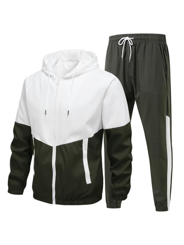 Men's Colorblock Zip Up Hoodie & Drawstring Waist Sweatpants Two-piece Set, Regular Fit Casual Long Sleeve Hooded Sweatshirt & Pocket Jogger Pants, Men's Two-piece Outfits for All Seasons