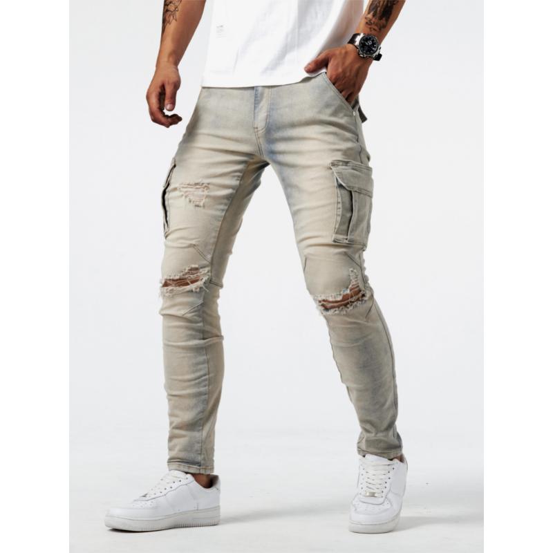 Men's Slim Fit Cargo Jeans with Multi Pockets, High Stretch Denim Pants for Spring Summer Menswear Trouser