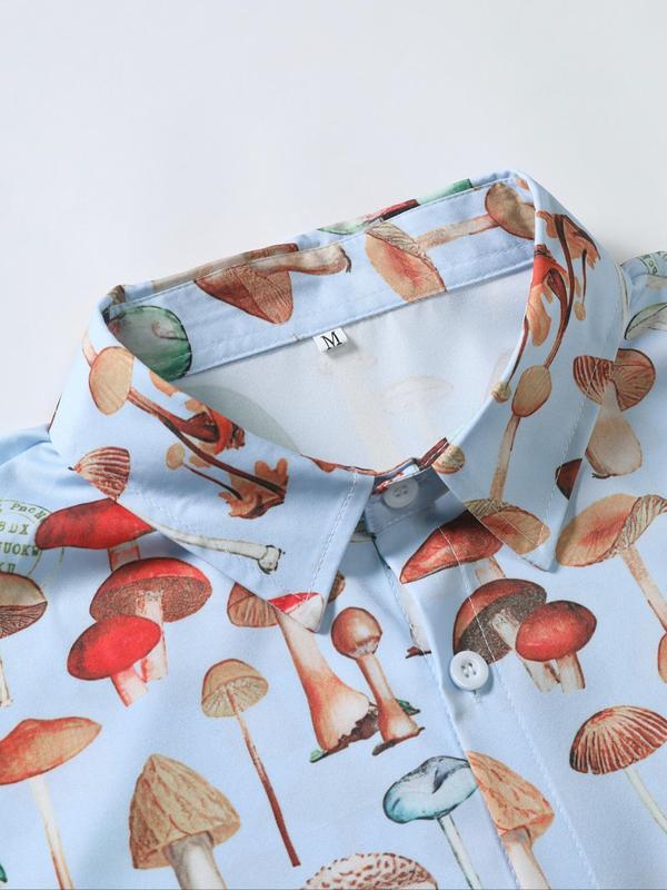 Men's All Over Mushroom Print Button Front Shirt, Casual Regular Fit Short Sleeve Collar Top for Summer,  Shirts for Men, Fashion Men's Streetwear for Daily Wear