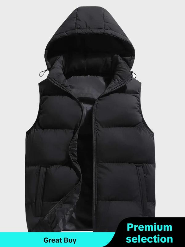 Men's Solid Zip Up Hooded Vest Jacket, Loose Casual Pocket Design Sleeveless Outerwear for Fall & Winter, Men's Clothes for Daily Wear