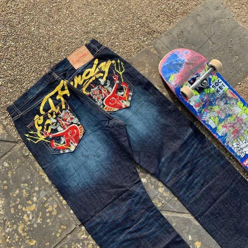 American Street Style Jeans Men's Y2K Printed Hip-hop Straight Retro Supper Loose Waist Wide-leg Jeans