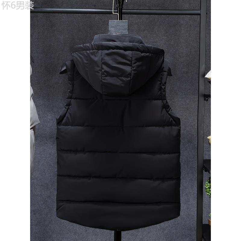 Classic Black Mid-Length Puffer Vest Jacket - Water-Resistant, Removable Hood, Adjustable Drawstring, Regular Fit, Sleeveless, 100% Polyester, Non-Stretch Solid Color Outerwear for Fall and Winter Seasons - Perfect for Casual Daily Wear Collar Menswear