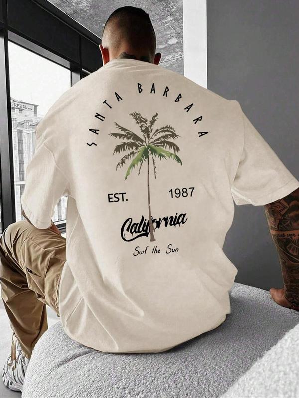 Men's Summer Clothes, Letter & Tree Print Drop Shoulder Tee, Summer Outfits 2024, Summer Tops, Back To School Outfits, Graphic Tees for Men, Regular Fit Streetwear Fashion Graphic Crew Neck T-shirt, 90s Clothes