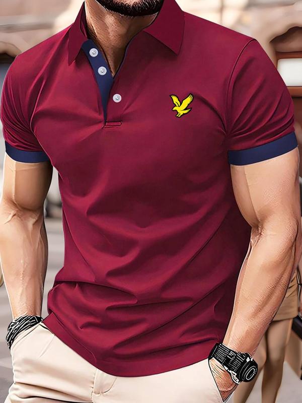 Men's Eagle Print Contrast Binding Polo Shirt, Casual Regular Fit Short Sleeve Button Front Top for Summer, Fashion Men's Clothes for Daily Wear