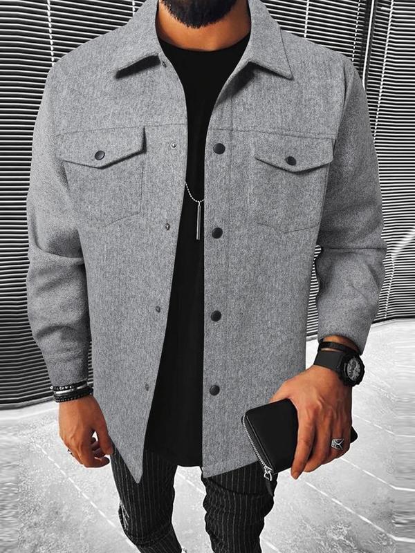 Men's Solid Button Front Pocket Jacket, Regular Fit Casual Collared Long Sleeve Outerwear,  Men's Clothing, Winter Outfits 2024, Men's Clothing for Daily Wear, Plz Order A Size Up