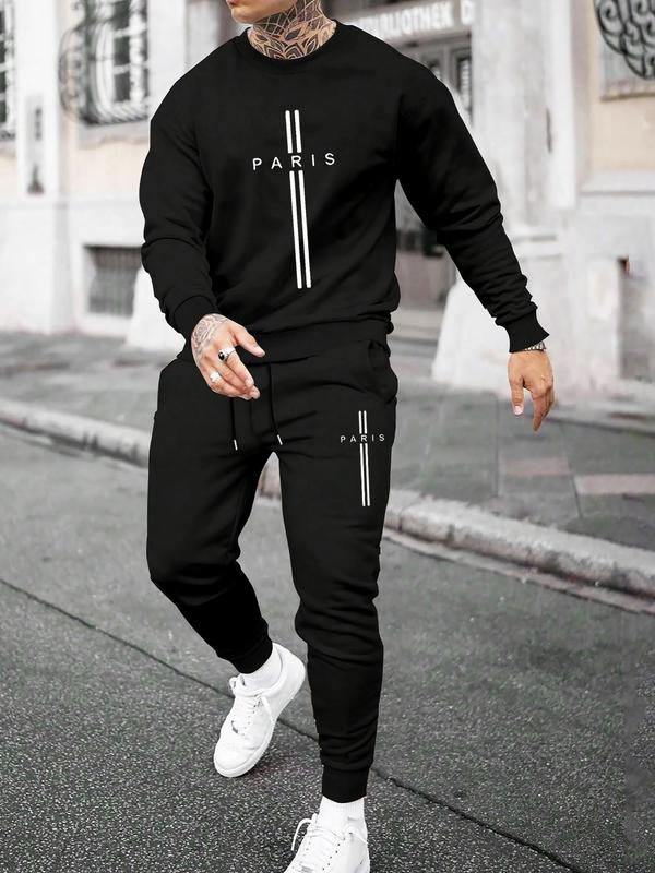 Men's Letter Print Sweatshirt & Drawstring Waist Pants Two-Piece Set, Casual Long Sleeve Round Neck Pullover & Pocket Trousers for Spring & Fall, Men's Two-piece Outfits for Daily Wear